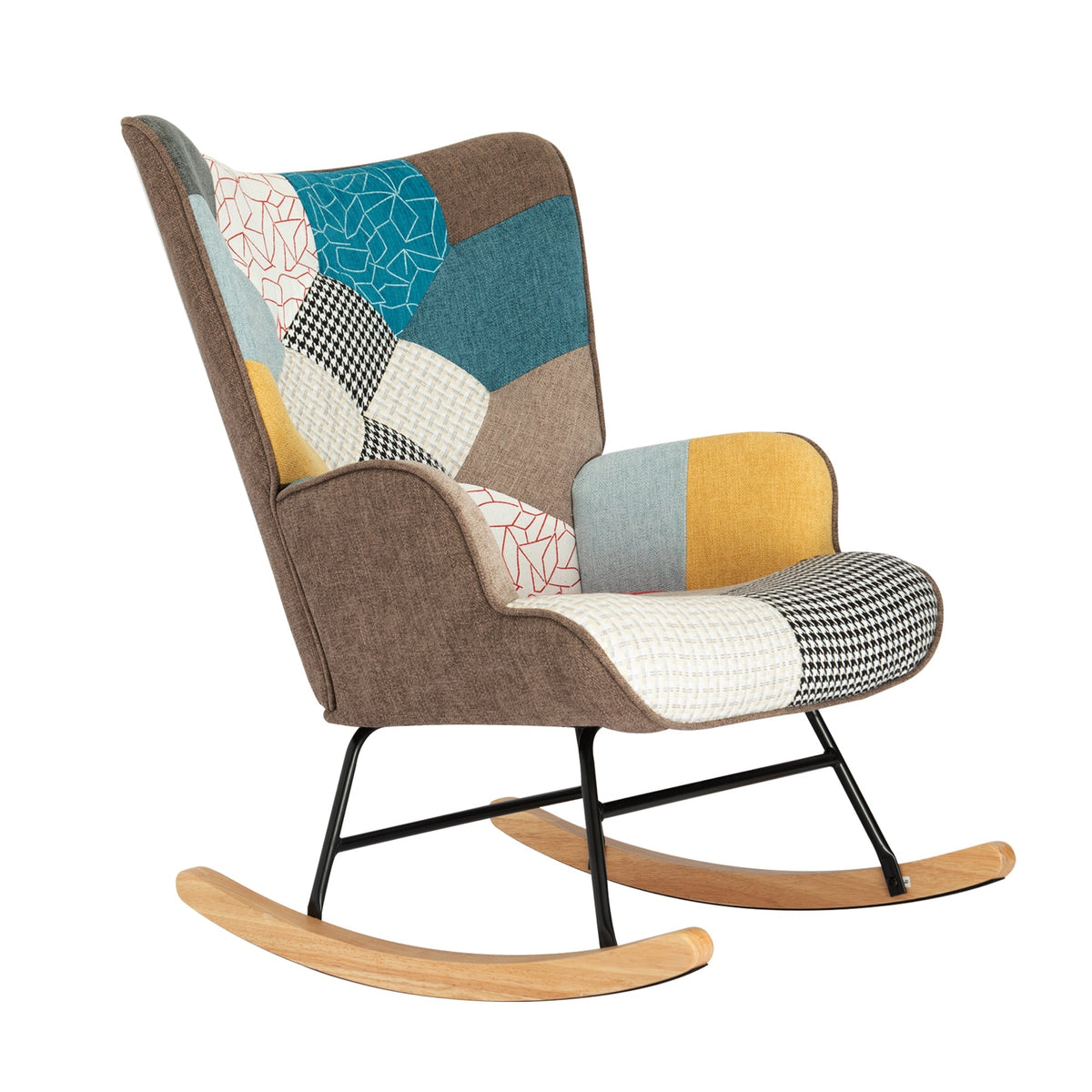 Rocking Chair, Mid Century Fabric Rocker Chair with Wood Legs and Patchwork Linen for Livingroom Bedroom