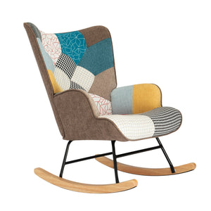 Rocking Chair, Mid Century Fabric Rocker Chair with Wood Legs and Patchwork Linen for Livingroom Bedroom