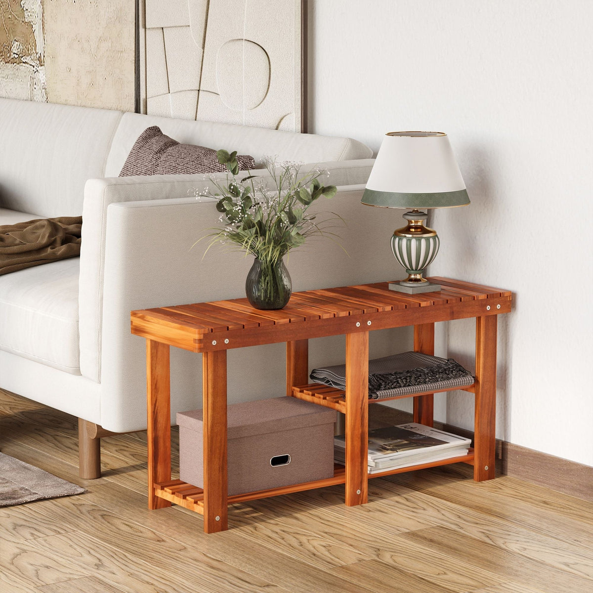 3-Tier Acacia Wood Shoe Storage Bench with Teak Finish for Hallway Shoe and Boot Organizer