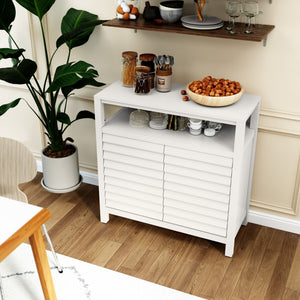 Accent Cabinet Louver Design 2-Door White Sideboard Buffet Open Shelf Decorative Credenza for Entryway Living Room Kitchen