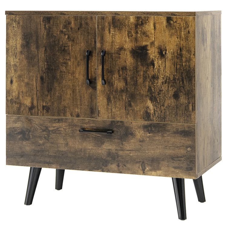 Modern 2-Door Floor Storage Cabinet with 1 Pull-Out Drawer for Living Room Organization