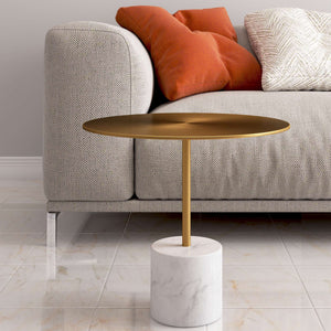 HMS 17\" Gold and White Steel and Stone Round Coffee Table Elegant Indoor Living Room Furniture for Home Use