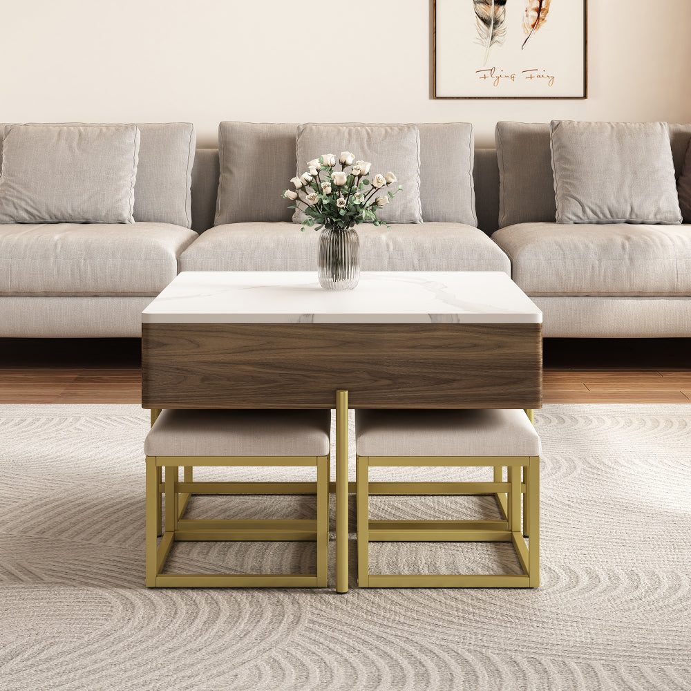 Modern Square Lift-Top Coffee Table Set with Storage & 4 Ottomans White & Walnut
