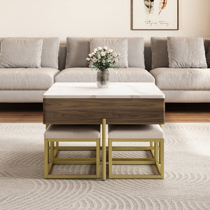 Modern Square Lift-Top Coffee Table Set with Storage & 4 Ottomans White & Walnut