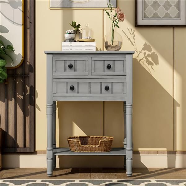 Gray Wash Narrow Console Table with Three Storage Drawers and Bottom Shelf Easy Assembly Slim Sofa Table for Living Room