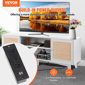 Modern 75in TV Stand Rattan Door 2 Shelves Build-in Socket Storage Cabinet White Entertainment Center for Living Room Media Room