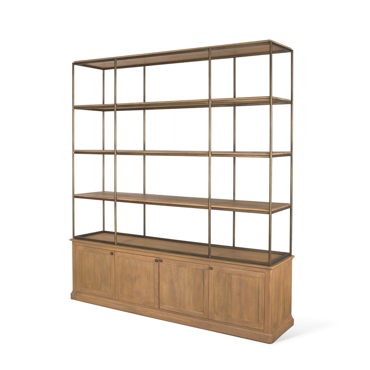 HMS 82 Antiqued Brass and Light Brown Distressed Metal Solid Wood Three-Tier Bookcase with Four Doors