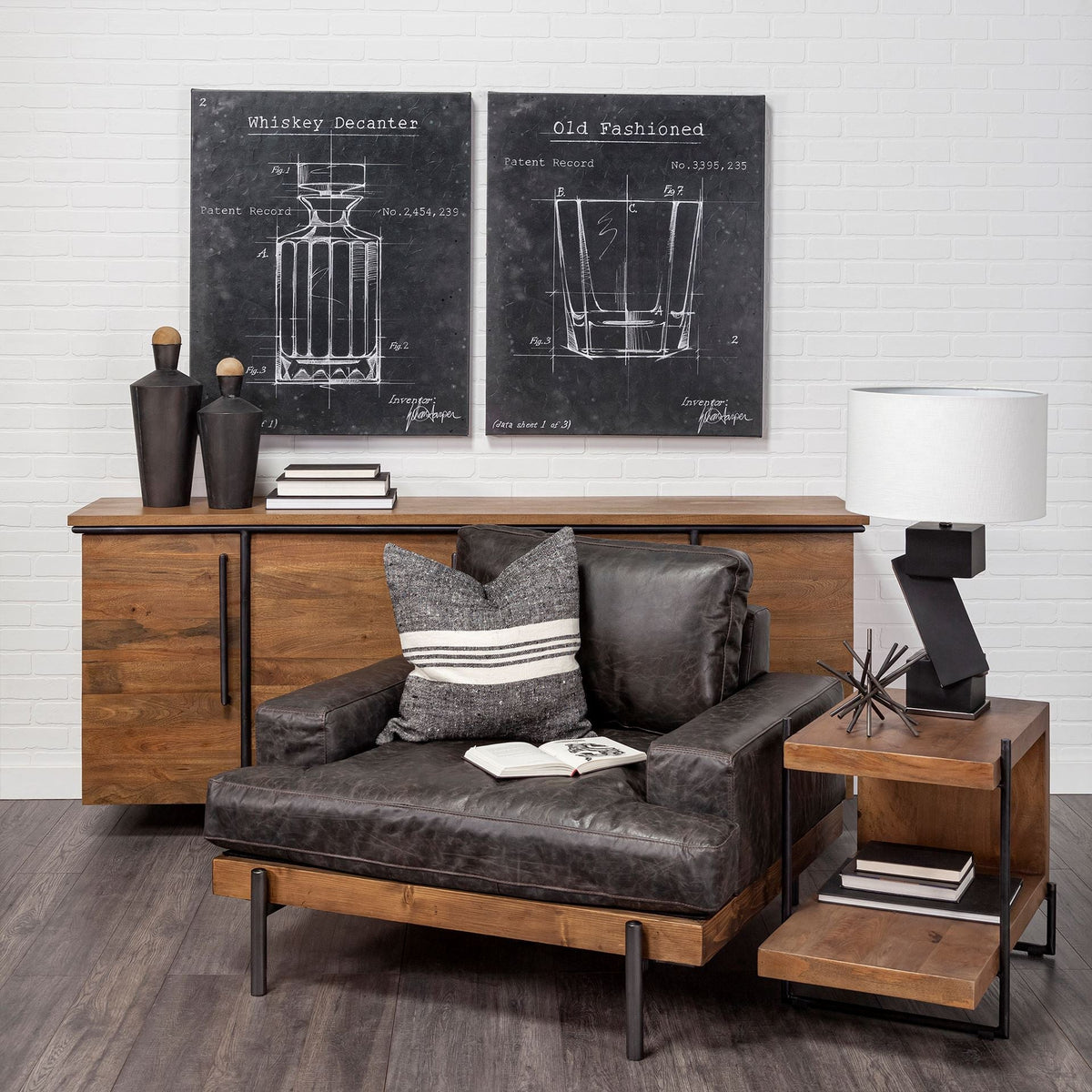 HMS 41-Genuine Leather Japanese Mid-Century Distressed Club Chair Tufted Extendable for Home Office Bar Use Black Faux Leather
