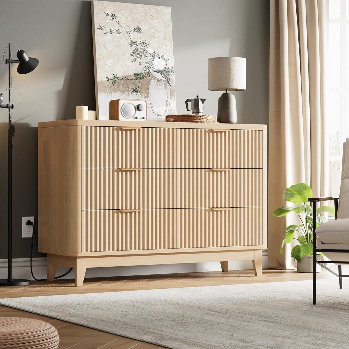 Modern Natural Oak Fluted 6-Drawer Dresser Power Outlet Curved Profile Design for Bedroom Clothing Storage TV Stand Closet