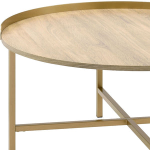 HMS 34\" Convertible Oak and Gold Wood and Metal Round Sled Coffee Table Farmhouse Style Tea Table for Living Room Use