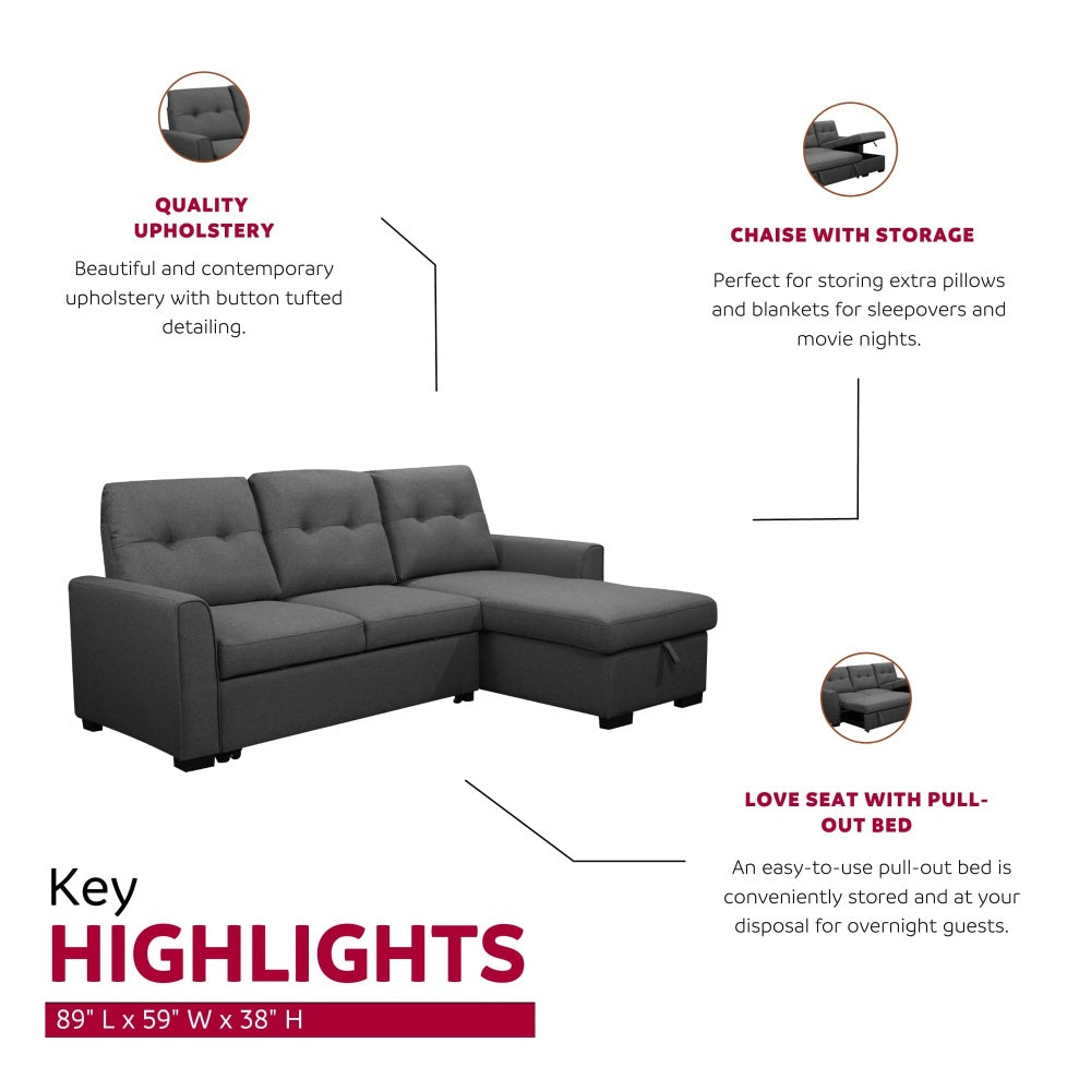 Living Room L-Shaped Sleeper Sofa Lounger, Right-Facing Storage Chaise Convertible Couch, Grey