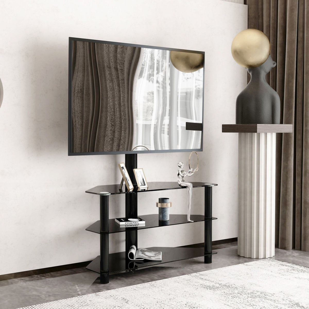 Black Multi-function TV Stand Height Adjustable Bracket Swivel 3-Tier for Living Room Furniture