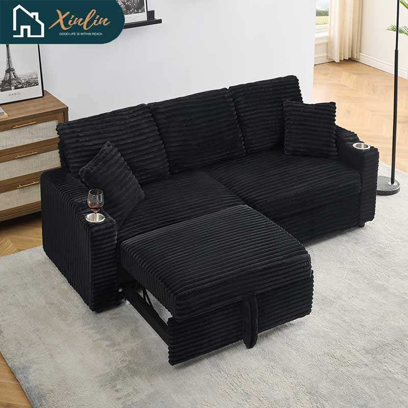 Free Shipping US 80-inch Two-in-one Pull-out, Foldable and Hidden Chaise Longue Corduroy Sofa With Cup Holders and Pillows