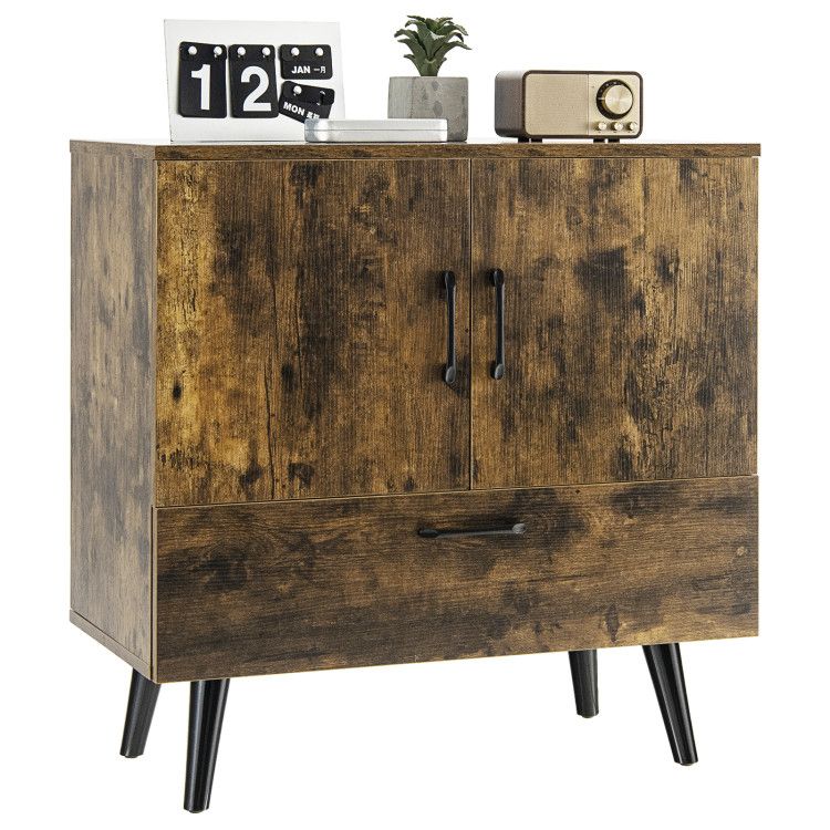Modern 2-Door Floor Storage Cabinet with 1 Pull-Out Drawer for Living Room Organization
