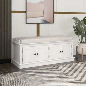 Storage Bench with 4 Doors and Adjustable Shelves, Shoe Bench with Removable Cushion for Living Room