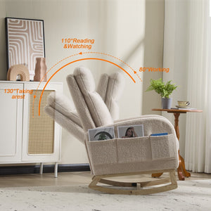 Modern Accent Armchair High Backrest Solid Wood Legs Beige Upholstery Comfortable Rocking Nursery Glider for Living Room Side