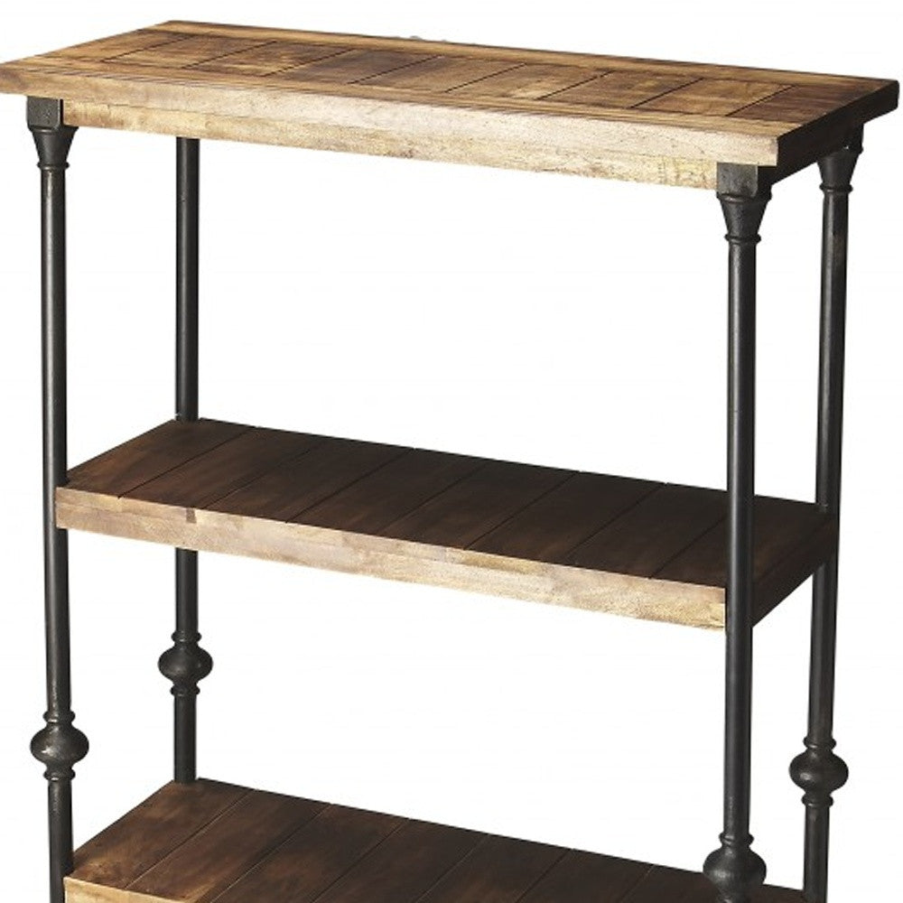 HMS 62 Brown Iron and Wood Three-Tier Bookcase Industrial Design Style Living Room Furniture for Home Office Book Storage