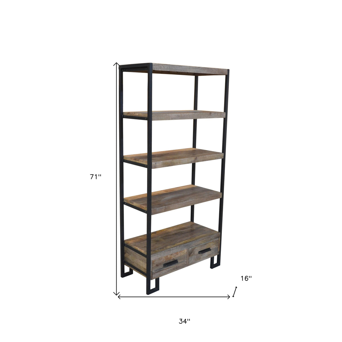 HMS 71 Brown Distressed Solid Wood Four-Tier Etagere Bookcase with Practical Two Drawers