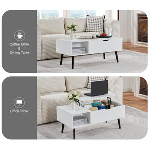 39\" White Lift Top Coffee Table with Hidden Compartment and Storage Shelf for Living Room or Reception Wood Material
