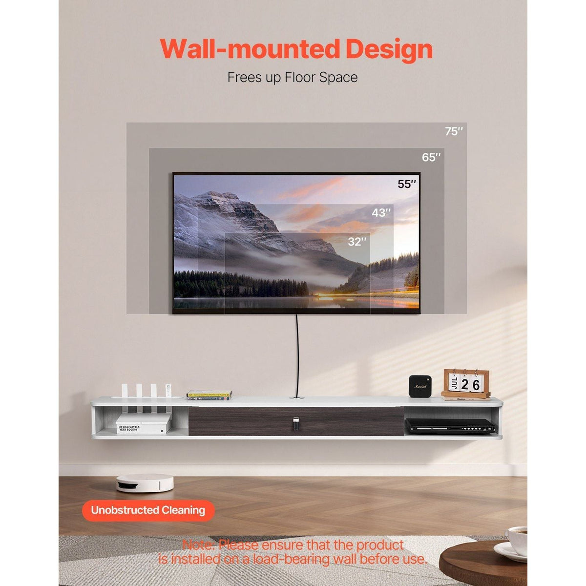 Modern White Floating TV Stand 70 Wall Mount Entertainment Center Cable Hole Particle Board Console DVD Player Cable Box Game