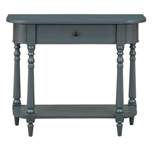 Navy Retro Entryway Console Table with Open Shelf and Top Drawer Narrow Curved Corner Sofa Table for Living Room and Hallway