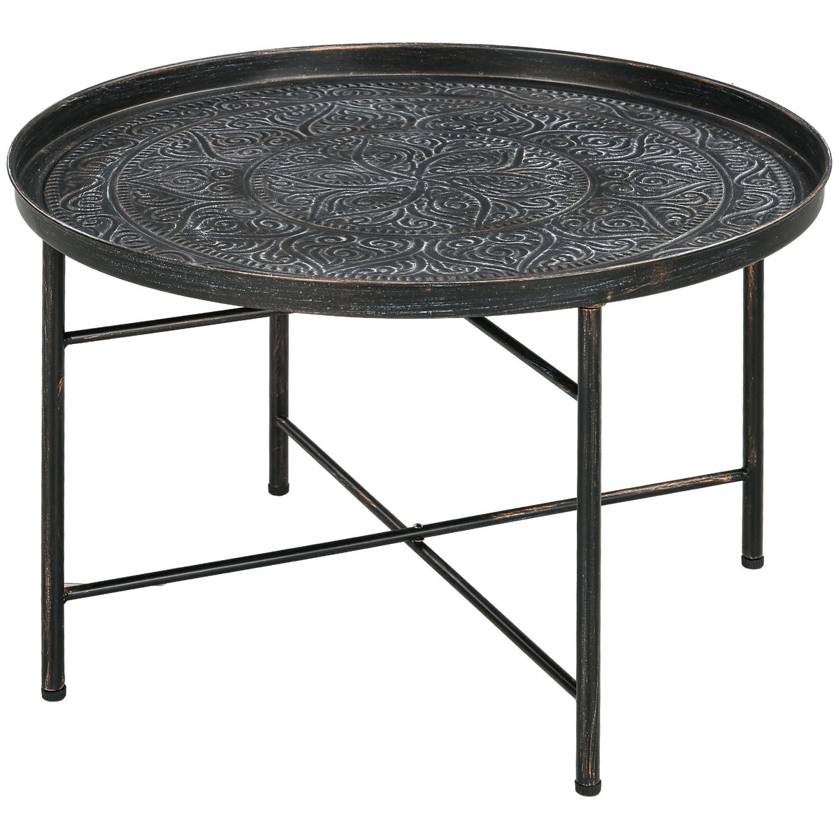 24\" Round Hammered Tray Top Coffee Table with Metal Frame Cafe Table for Living Room and Bedroom in Pewter