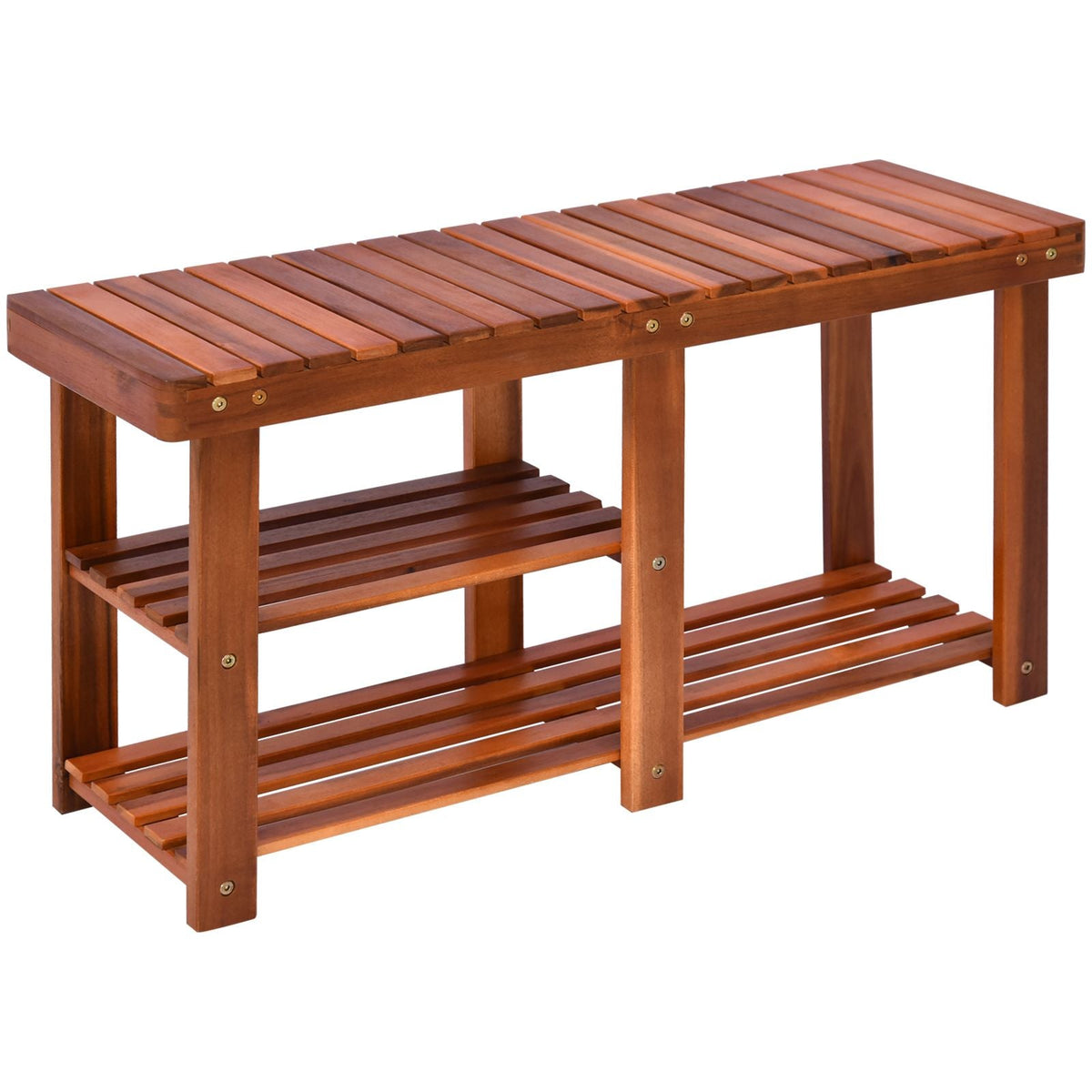 3-Tier Acacia Wood Shoe Storage Bench with Teak Finish for Hallway Shoe and Boot Organizer