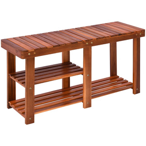 3-Tier Acacia Wood Shoe Storage Bench with Teak Finish for Hallway Shoe and Boot Organizer