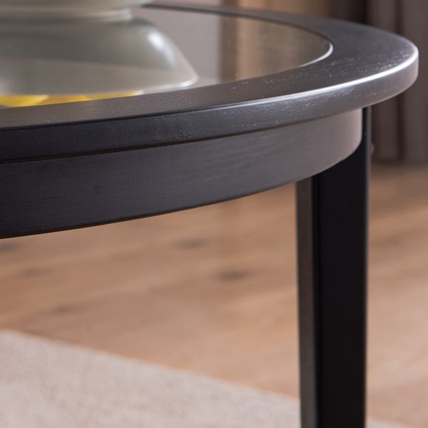 Solid Wood Storage Coffee Table with Round Glass Top Black Color
