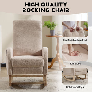Modern Accent High Backrest Rocking Chair Solid Wood Legs Beige Teddy Upholstered Nursery Glider Rocker Comfy Living Room
