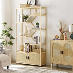7 Tiers Natural Rattan Bookshelf 39.4'' W X 13.8'' D X 75.6'' H Storage Rack Cabinet for Living Room or Home Office