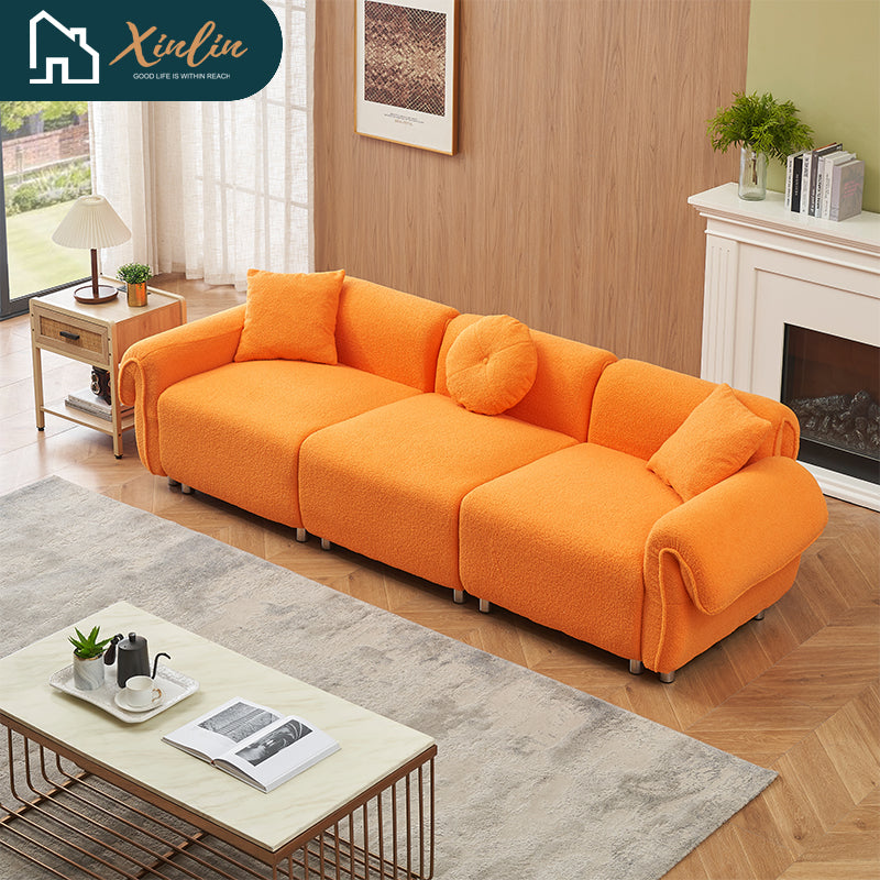 Free Shipping Modern 112-Inch Orange Teddy Velvet Fabric with 3 Wooden Pillows for Three-Seat Sofa in Living Room