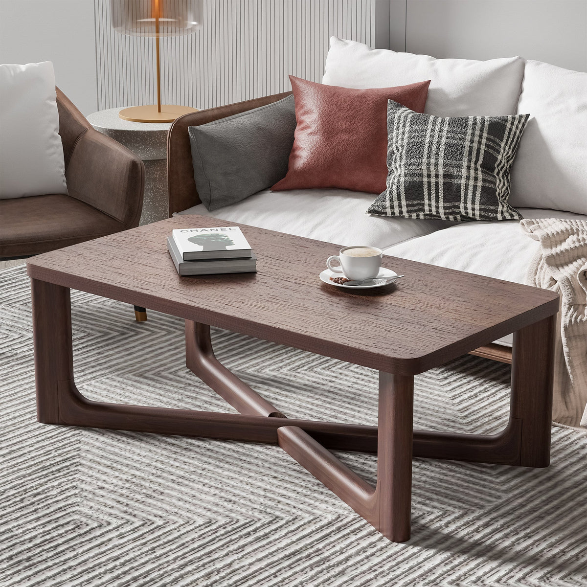 HMS 50 Walnut Solid Wood Farmhouse Coffee Table Cross Legs for Indoor Living Room Entry Dining Use Durable Movable Resin Set