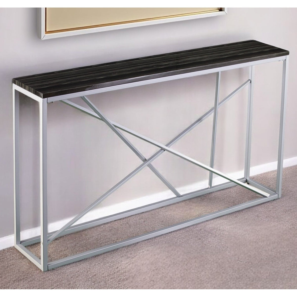 hms 52" Black and Silver Faux Stone Frame Console Table