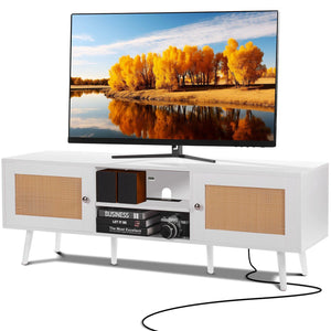 Modern Boho 65-Inch TV Stand Rattan Door White Entertainment Center Living Room Media Room USB Socket Ports for Home Theater