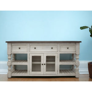 HMS 81 Ivory Solid Wood Open Shelving Distressed TV Stand Handcrafted with Distinctive Distress Finish