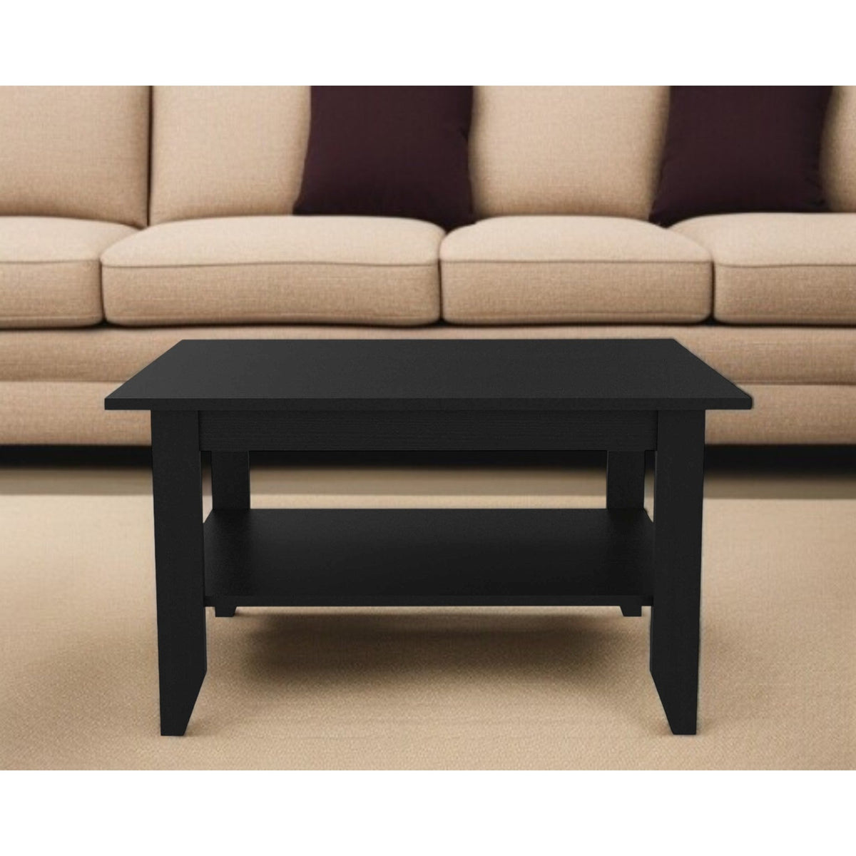 Antique-Style HMS 32\" Black Coffee Table with Shelf Wood and Metal Construction for Living Room Dining or Home Furniture Use