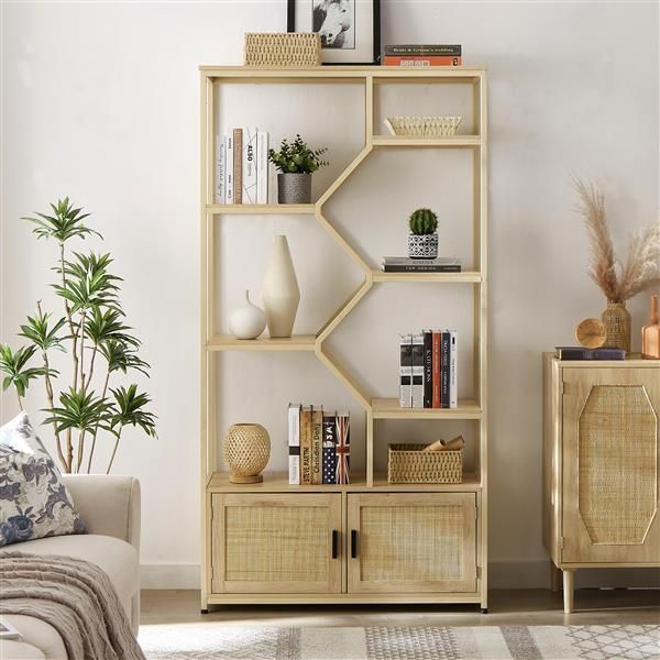 7 Tiers Natural Rattan Bookshelf 39.4'' W X 13.8'' D X 75.6'' H Storage Rack Cabinet for Living Room or Home Office