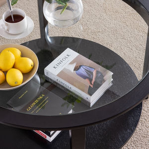 Solid Wood Storage Coffee Table with Round Glass Top Black Color