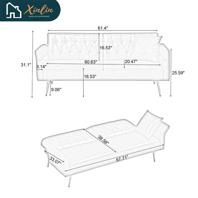 Free Shipping USA Warehouse Modern 67.71 Inch Faux Leather Sofa Bed with Adjustable Armrests Living Room Dining Bedroom Made PVC