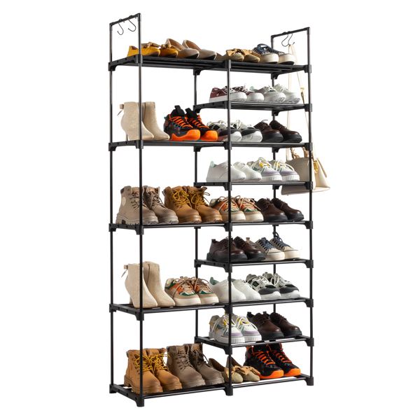 FCH Double Row 9 Layers Non-Woven Shoe Rack Iron Pipe + PP Pad + Plastic 85.7*29.8*158cm Black with Handles