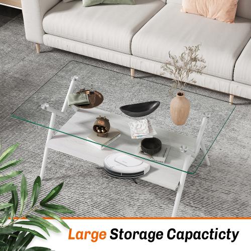 Modern Rectangle Coffee Table Tempered Glass Top Black MDF Shelf Convertible Design for Living Room Entry Scandinavian Style