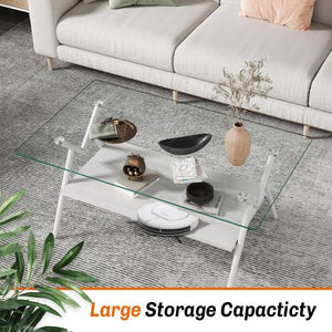 Modern Rectangle Coffee Table Tempered Glass Top Black MDF Shelf Convertible Design for Living Room Entry Scandinavian Style