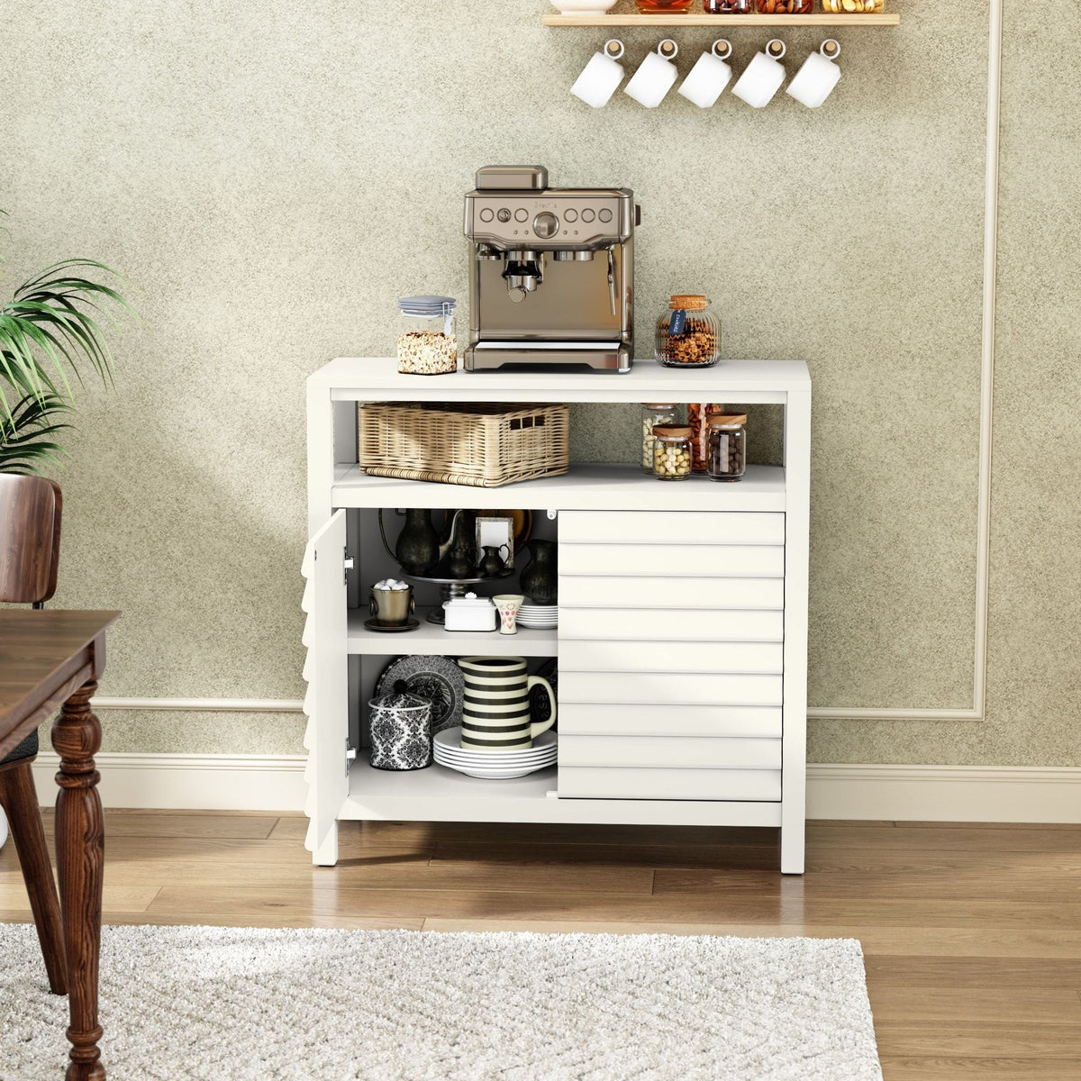 Accent Cabinet Louver Design 2-Door White Sideboard Buffet Open Shelf Decorative Credenza for Entryway Living Room Kitchen