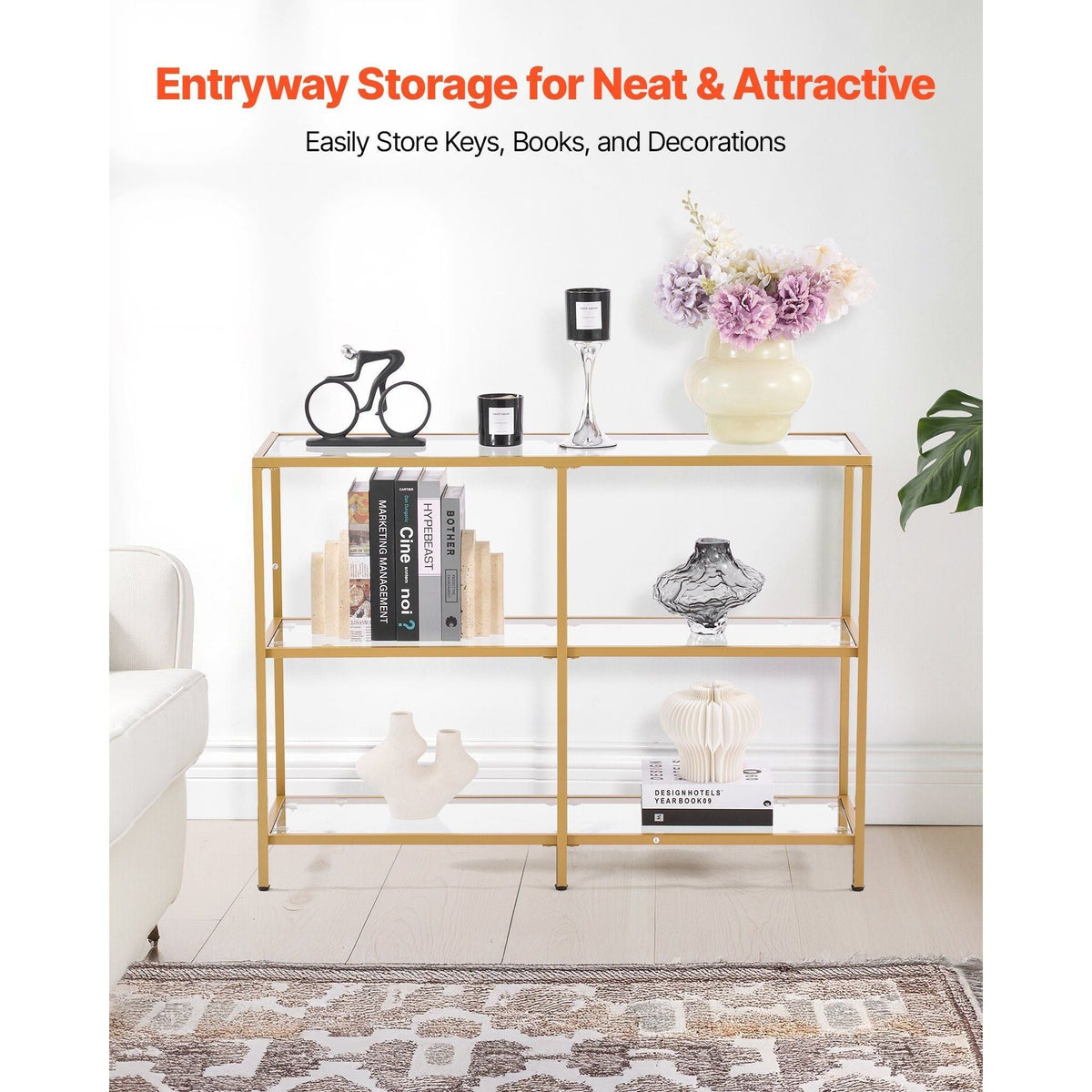 Modern 3-Tier Glass Console Table Golden Iron Legs Anti-Tip Device Rectangular Tempered Glass Top for Living Room Entryway Foyer