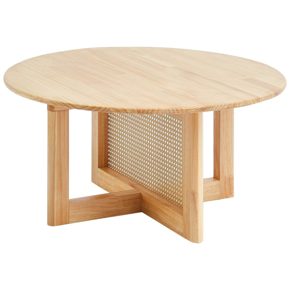 Single Tier Round Wood and Rattan Coffee Table for Living Room