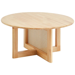 Single Tier Round Wood and Rattan Coffee Table for Living Room
