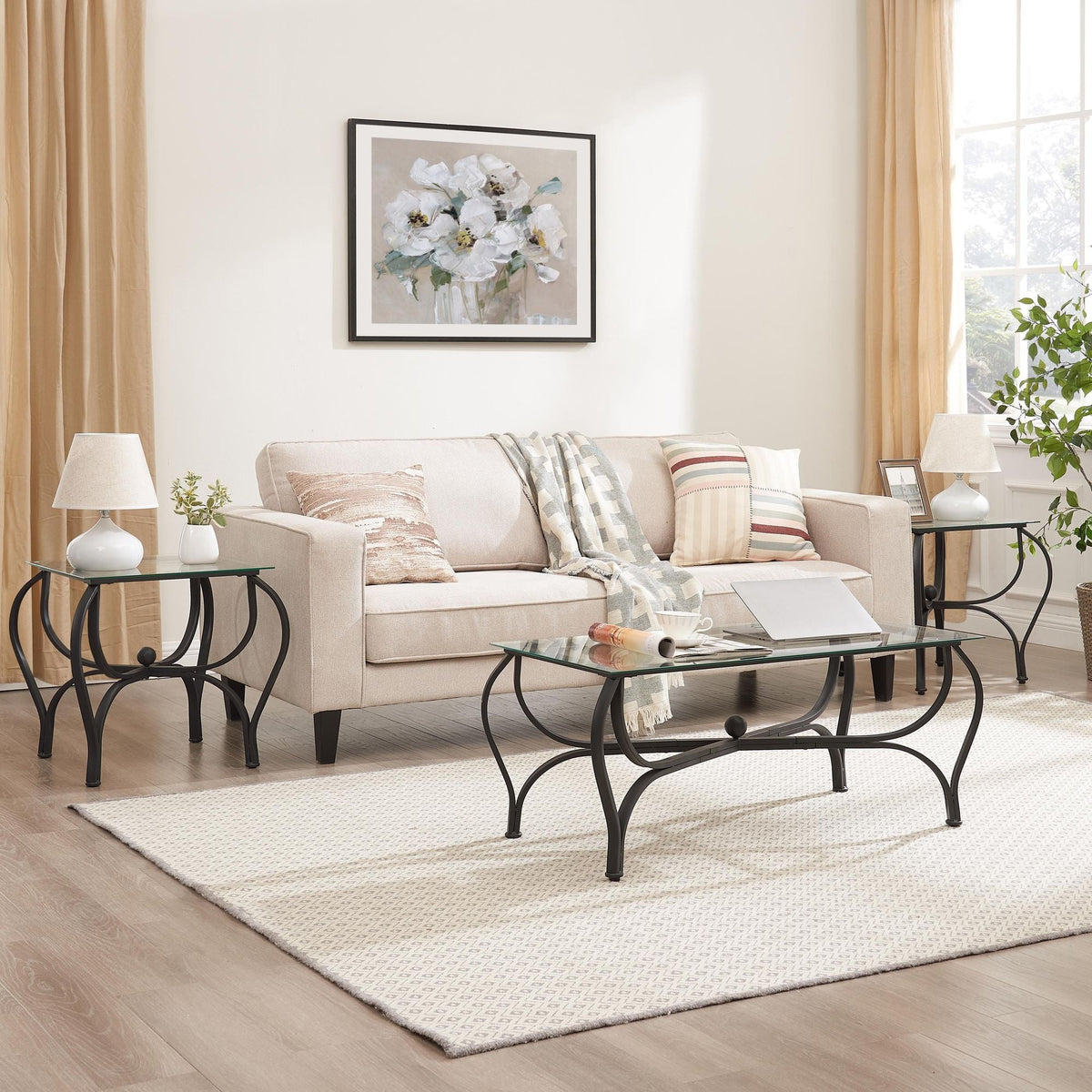 3-Piece Tempered Glass Coffee Table Set White Icon with 1 Coffee Table & 2 End Side Table for Living Room