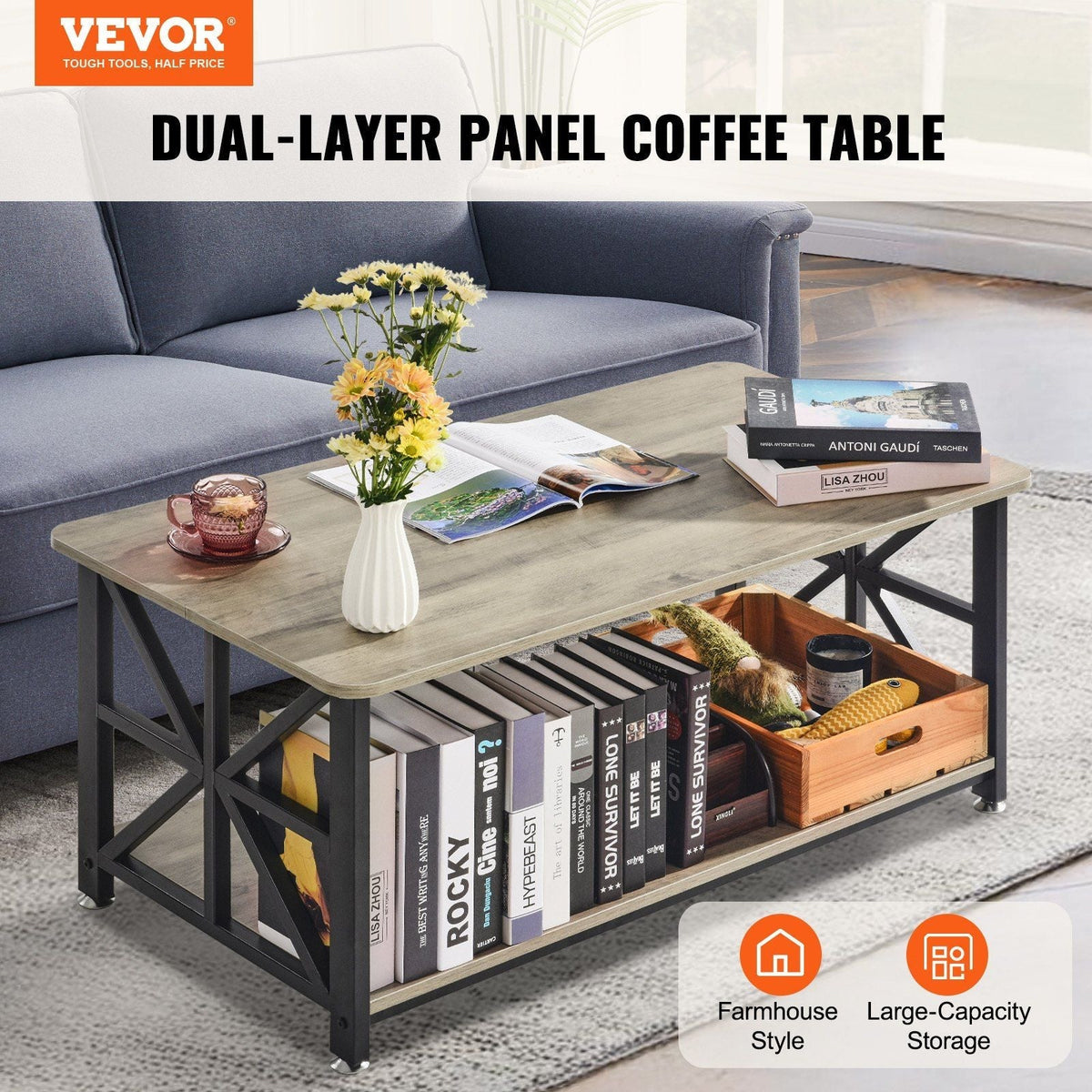 40\" Farmhouse Rectangular Coffee Table Open Storage Compartment Wooden Rustic Style Brown Black for Living Room Bedroom