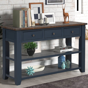 48'' Solid Pine Wood Top Console Table, Modern Entryway Sofa Side Table with 3 Storage Drawers and 2 Shelves
